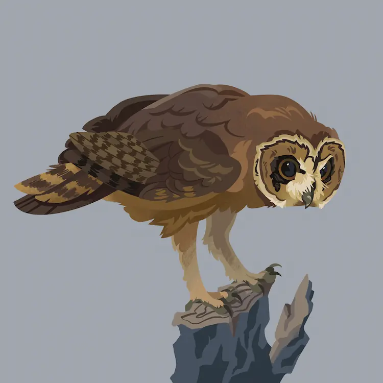 A painting of a marsh owl standing on the top of a tree stump, hunching over and looking at something in the distance.