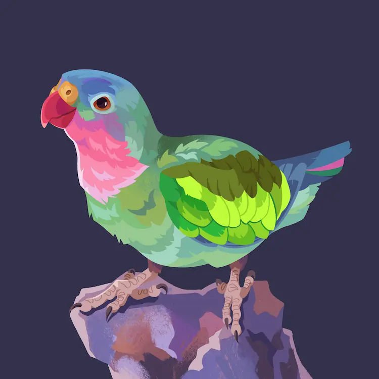 A painting of a princess parrot stood on a piece of wood, looking up with what appears to be a smile.