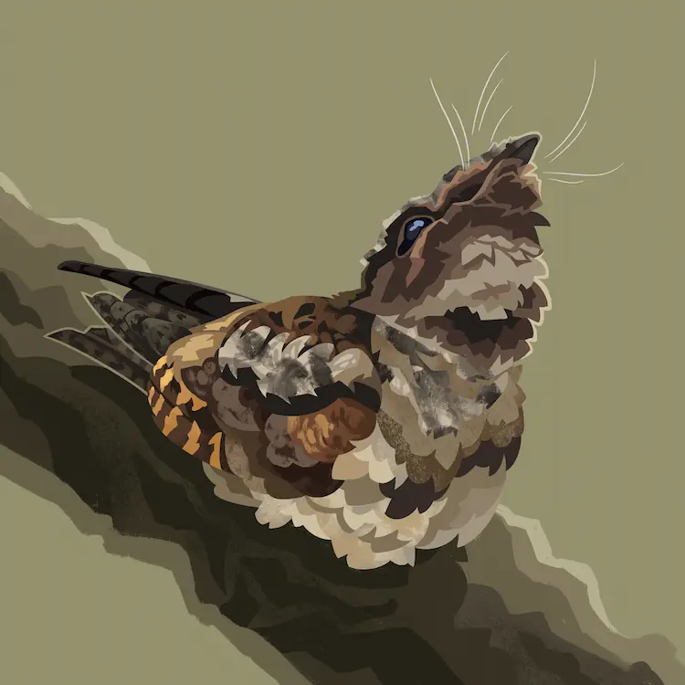 A painting of an eastern whip o' will settled down on a branch, whiskered head pointed up at a right angle. It's pretending to be part of the branch.