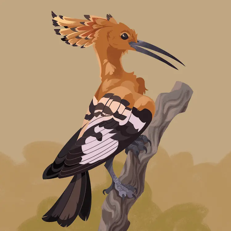 A painting of an African hoopoe perched on a bare, upright branch, beak slightly open.