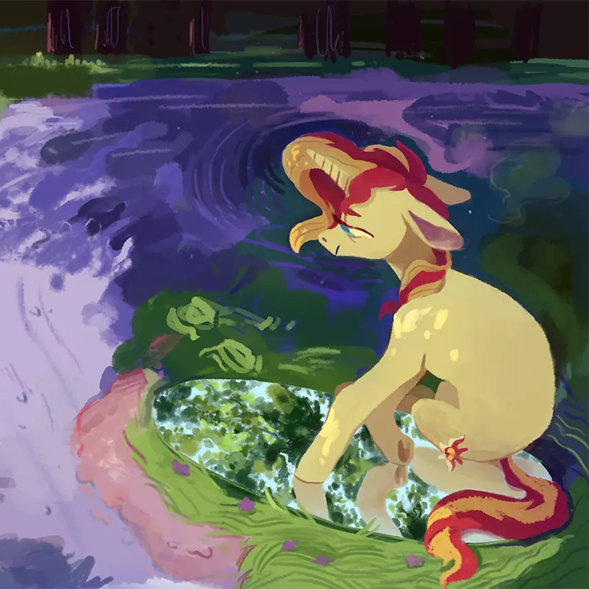 A painting of Sunset Shimmer from My Little Pony: Friendship is Magic. She is cast in the shade of a forest, looking downwards- she appears tired, and sits on an oval mirror.