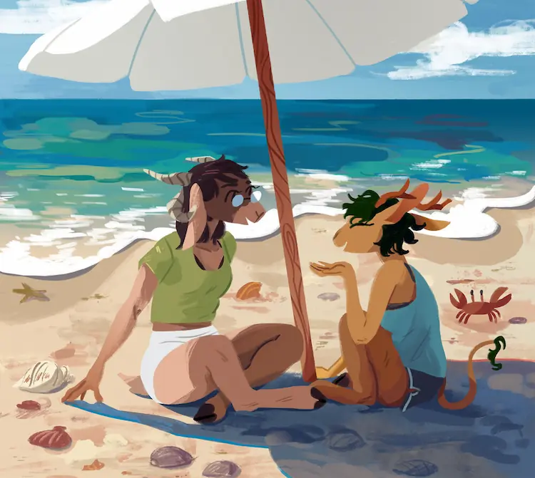 A painting of an anthropomorphic ungulate couple sitting in the shade of a large umbrella near the ocean, with sea shells littering the sand.