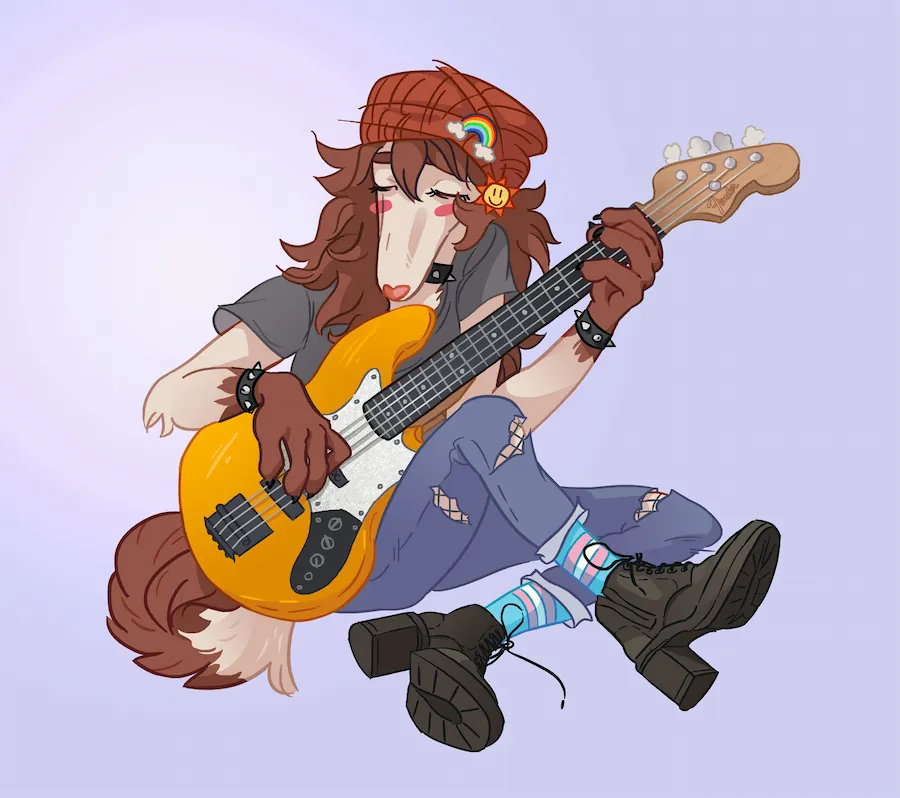 A painting of an anthropomorphic borzoi strumming on an orange bass.