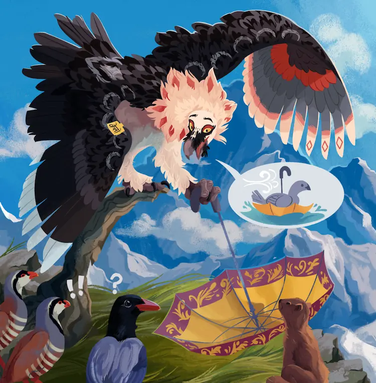 A painting of a bearded vulture telling a tall-tale about the purpose of an umbrella. They hold it upside-down, demonstrating to other mountain animals how it must be used as a boat.