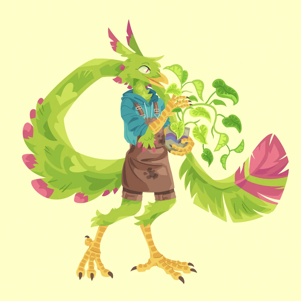 A painting of an anthropomorphic pink and green bird holds a similarly green pothos plant in a pot. They wear a blue hoodie and brown apron stained with dirt.