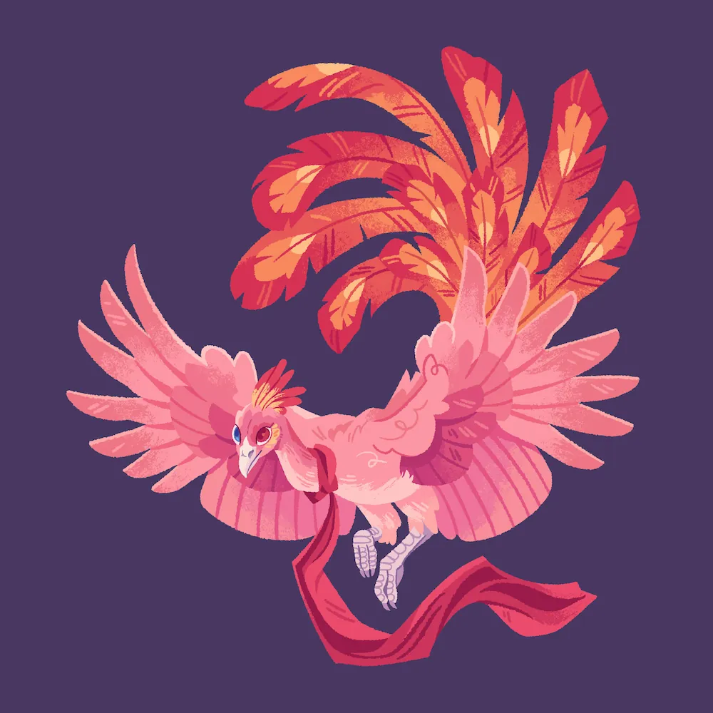 A painting of a flying pink peacock, vibrantly pink, with fiery yellow, orange and red tail and head feathers. They have heterochromatic blue and pink eyes and sport a dark pink scarf, trailing behind them.