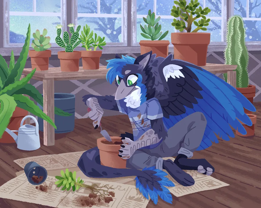 A painting of an anthropomorphic magpie gryphon sitting on a wood floor, repotting a plant. They are surrounded by various succulents and cacti. Outside it appears snowy and frosty.