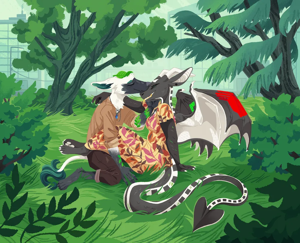 A painting of two anthropomorphic characters embracing in a lush city park.