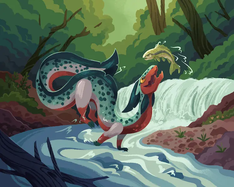 A painting of a legged, eel-creature, jumping through a stream in a thick wood, and attempting to catch a fish arcing over it.