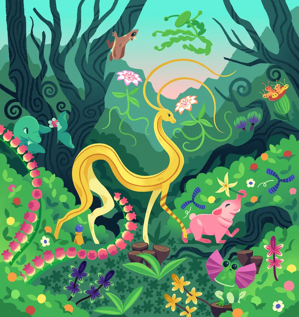 Artwork based on the 1996 computer game 'Fin Fin on Teo the Magic Planet'. A banana deer is centered, surrounded by many other strange flora and fauna from Lemo Valley.